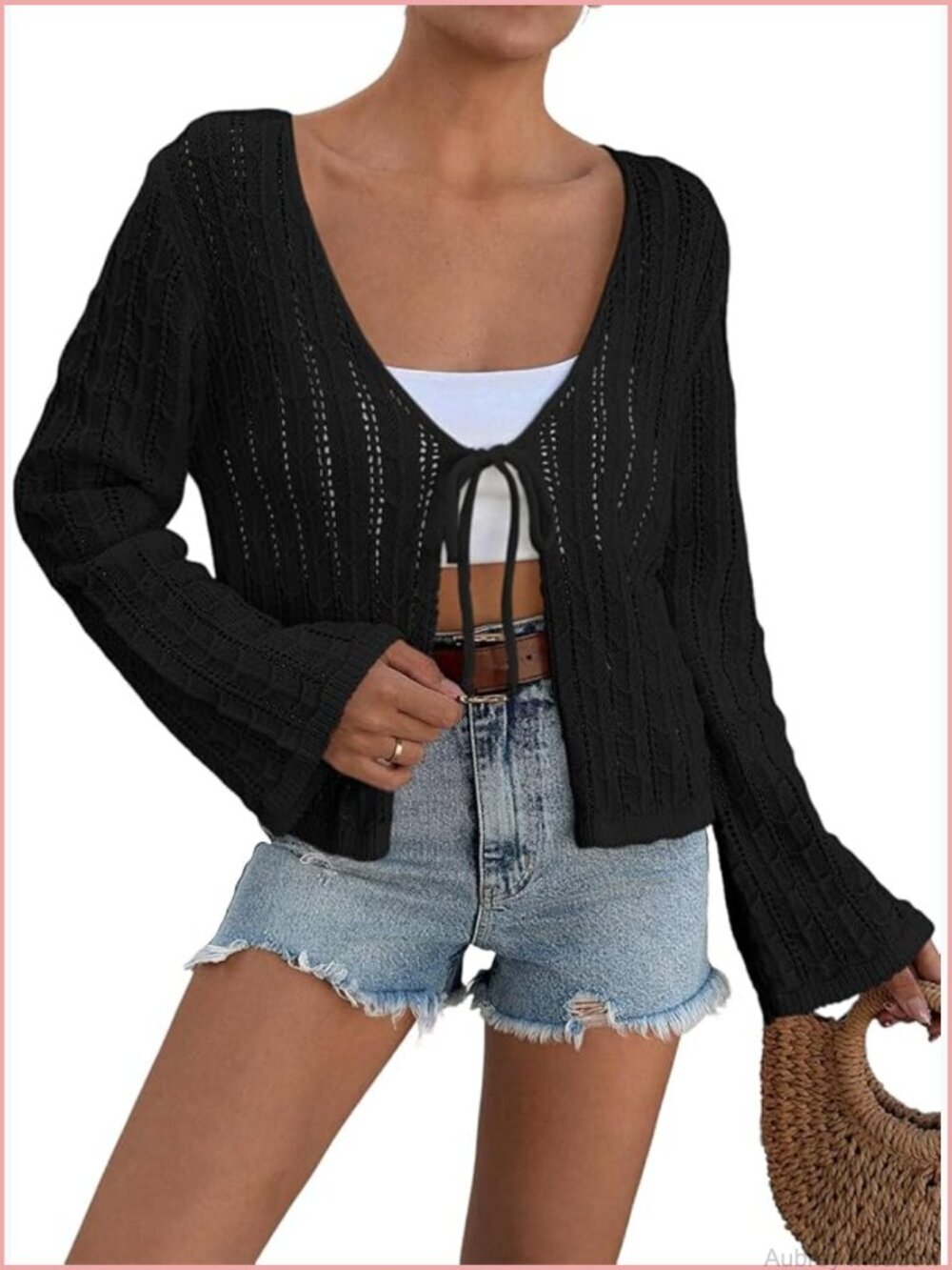 Solid Long Sleeve V-Neck Bow Tie Cardigan Knit Shrug Sweater